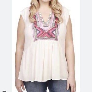 Lucky Brand Boho Tribal Embroidered White Tunic Short Sleeve Top S